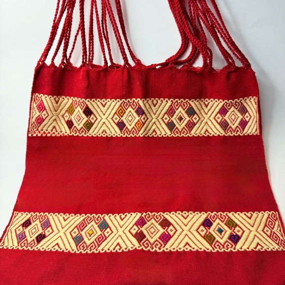 Handwoven Mexican Tote Bag 15x15 inch-Traditional Textile Red Embroidered Accent - Picture 1 of 3
